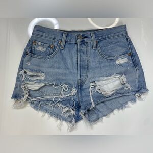 Levi's 501 Denim Jean Shorts Women Size 26 Blue Distressed 56327 0012
